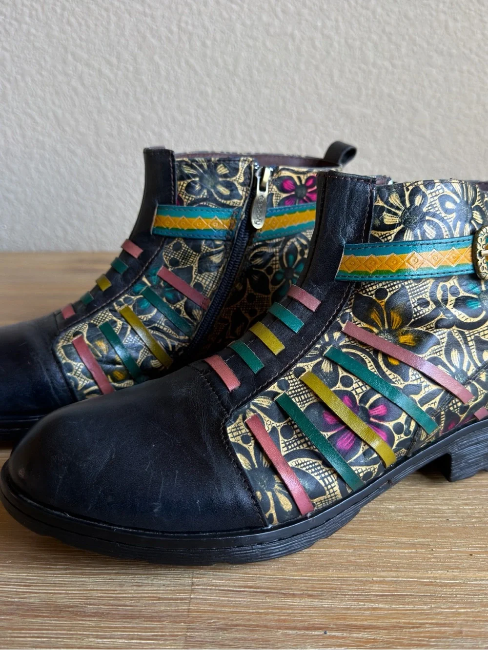Socofy Women Artsy Leather Ankle Boots Multicolor Boho Chic Hippie Booties US 11